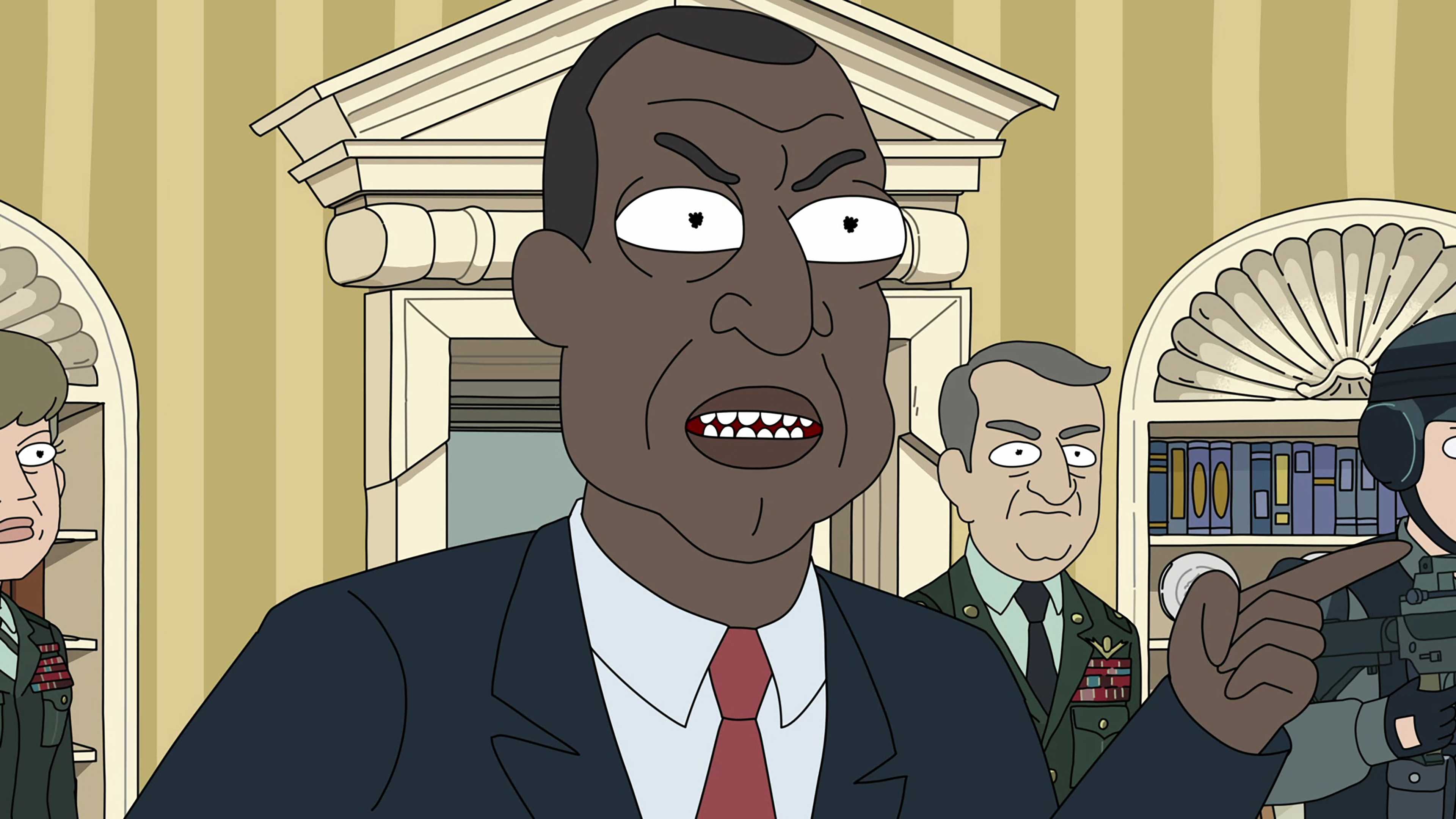 President Curtis pointing angrily at Rick in the Oval Office in Rick and Morty season 3