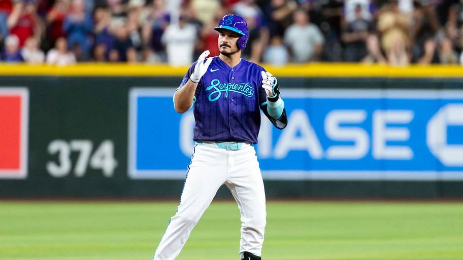 Jul 3, 2026; Phoenix, Arizona, USA; Arizona Diamondbacks third baseman Nolan Arenado celebrates after hitting an RBI double