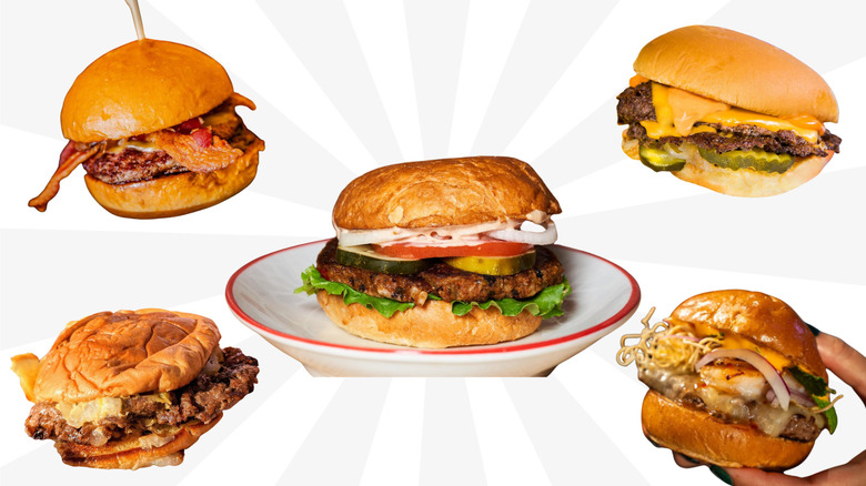 Five cheeseburgers on a graphic background