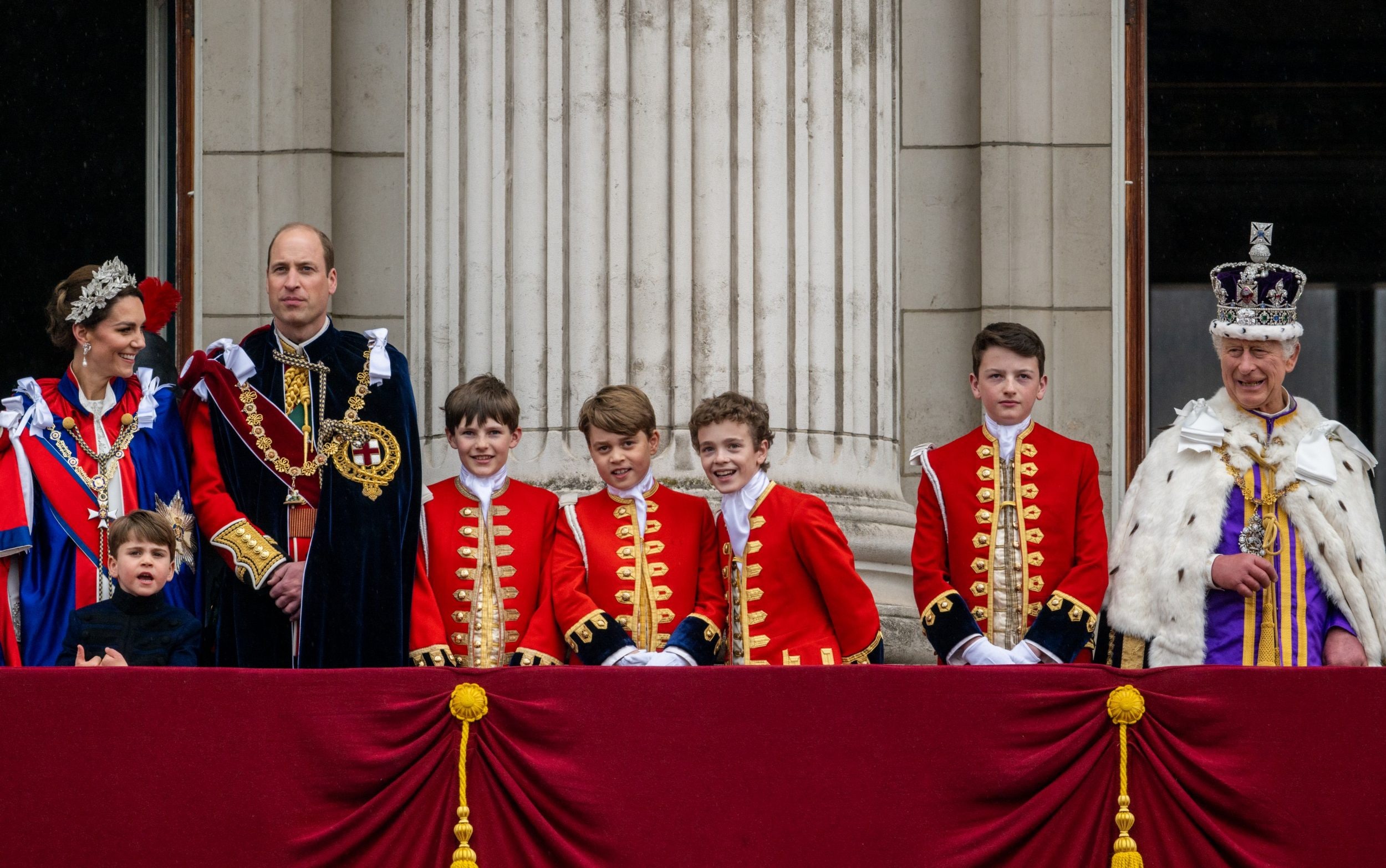 Catherine, Princess of Wales; Prince Louis of Wales; Prince William, Prince of Wales; Lord Oliver Cholmondeley, Page of Honour; Prince George of Wales, Page of Honour; Nicholas Barclay, Page of Honour; Ralph Tollemache; and King Charles III
