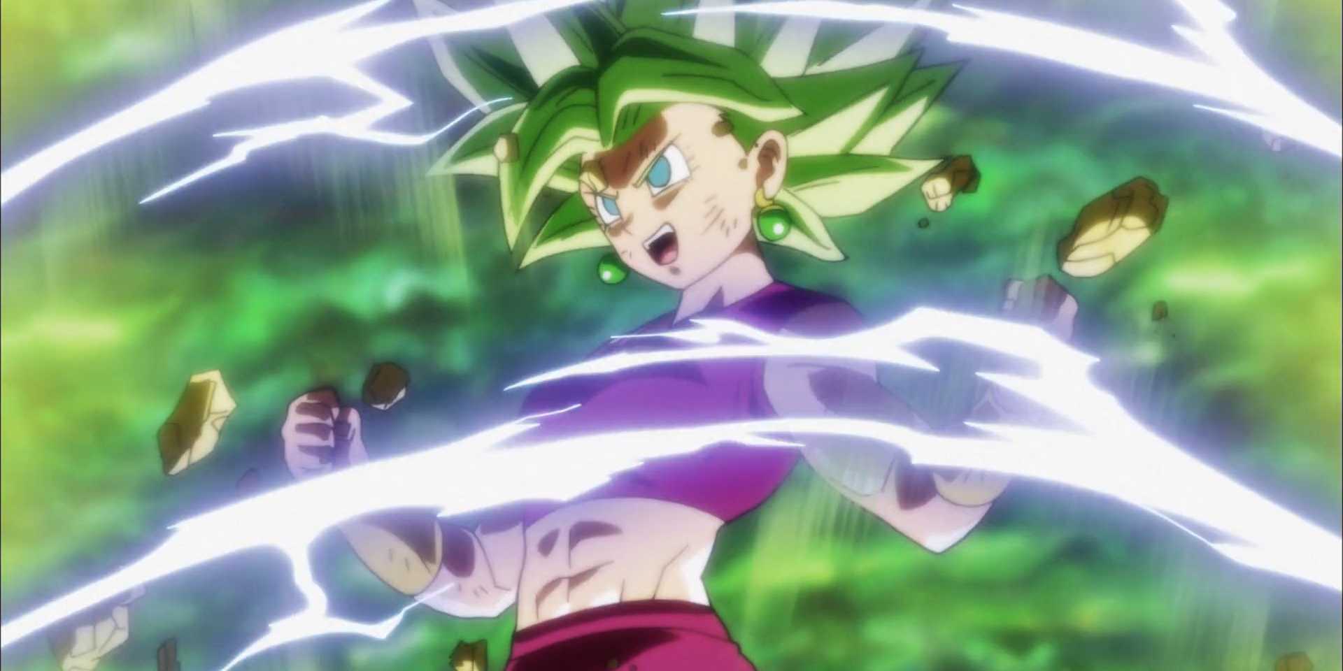 Kefla shows off her new Super Saiyan 2 strength in Dragon Ball Super's Tournament of Power.