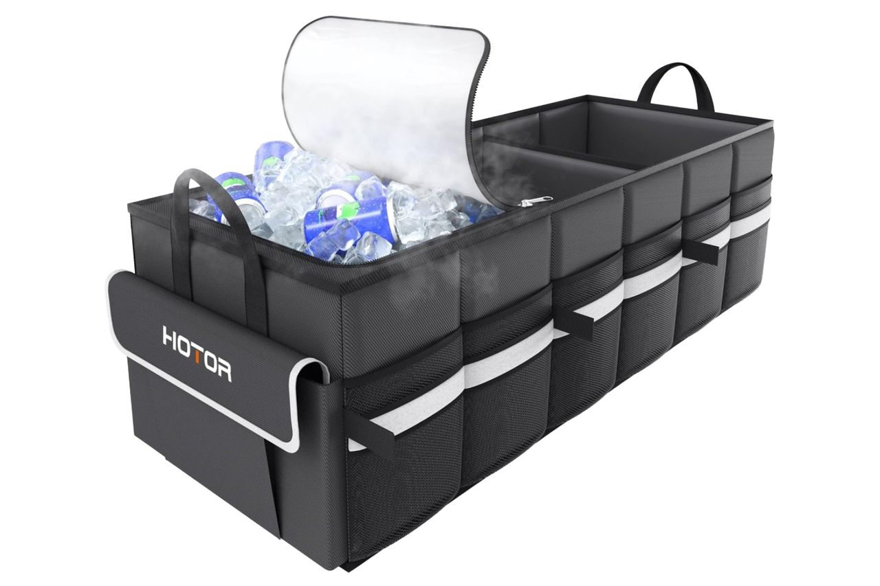 HOTOR Trunk Organizer - Car Organizer with Built-In Leakproof Car Cooler, Collapsible Trunk Organizer with Cooler for Car, SUV, Sedan, with Base Panel (3 Compartments, Black),31.9