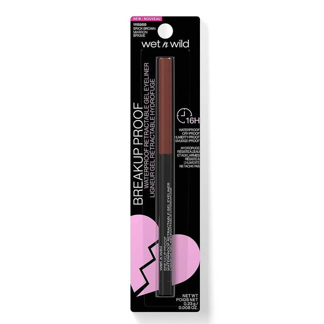Wet n Wild Breakup Proof Retractable Eyeliner in package, promises 16-hour wear, waterproof, and smudge-resistant features