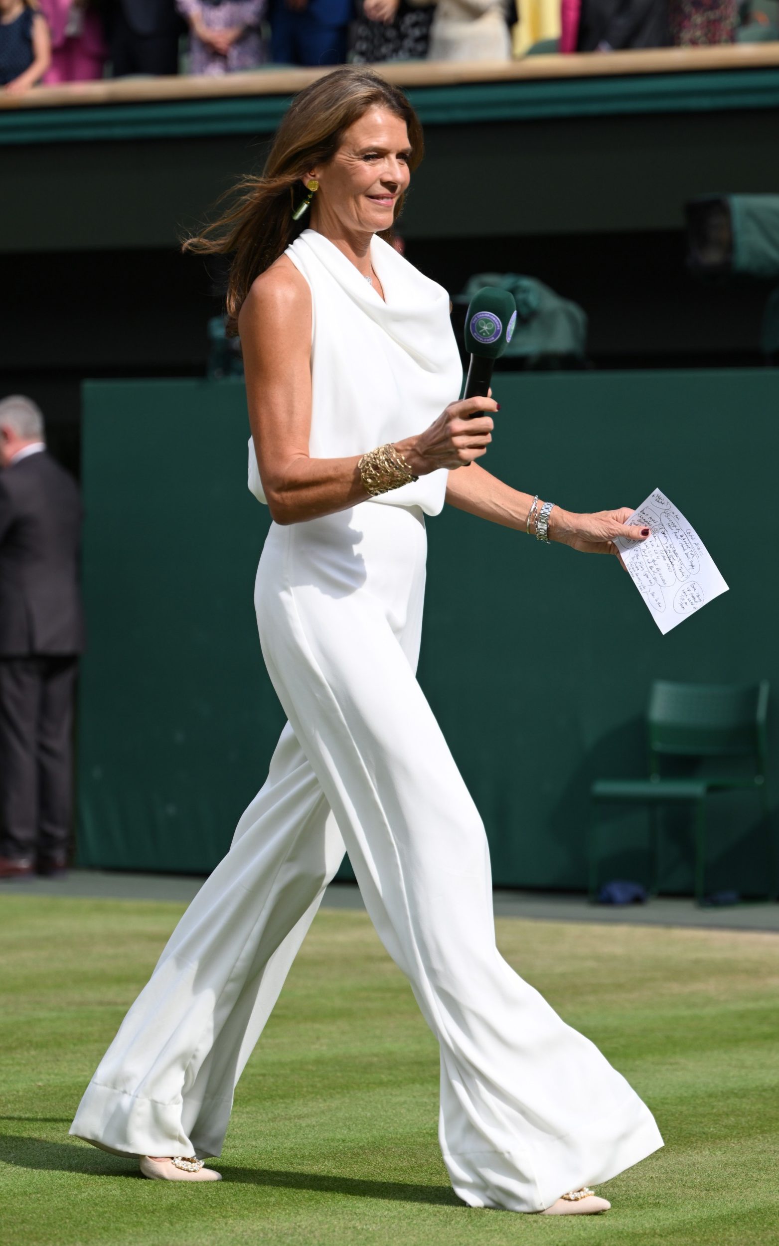 Annabel Croft on court on day fourteen of the Wimbledon Tennis Championships at the All England Lawn Tennis and Croquet Club on July 14, 2024