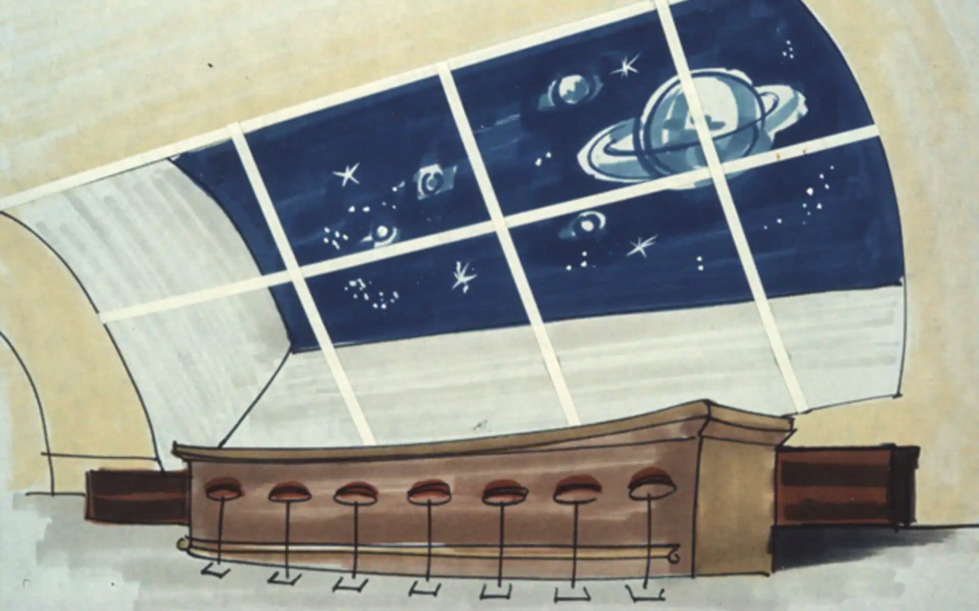 A sketch of an interior view of space from inside the Lunar Hilton Hotel concept