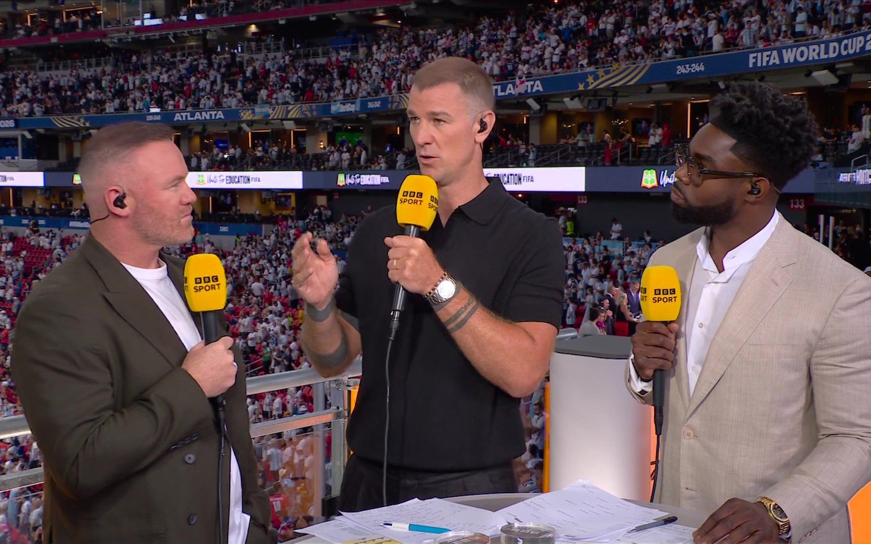 BBC pundits Wayne Rooney, Joe Hart and Micah Richards at the stadium for semi-final