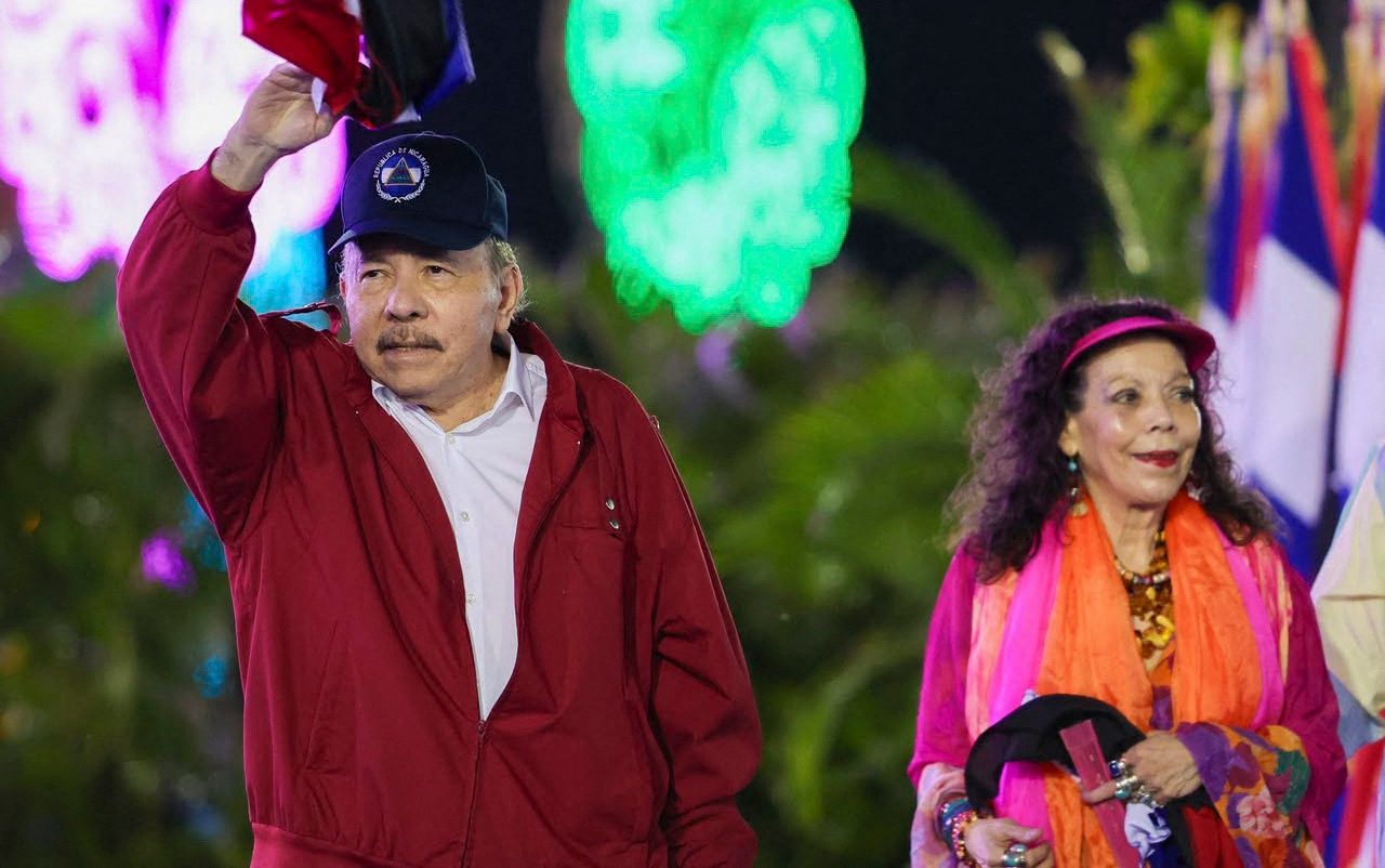 Daniel Ortega with his wife, and co-president, Rosario Murillo on Sunday