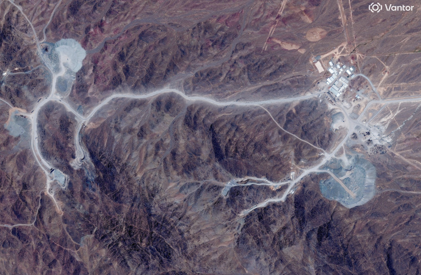 A satellite view shows tunnel entrances at Pickaxe Mountain, of the Natanz nuclear facility, near Natanz, Iran, June 30, 2026. (credit: VANTOR/HANDOUT VIA REUTERS)