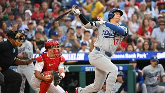 Los Angeles Dodgers two-way player Shohei Ohtani (17) strikes out during the first inning against the Philadelphia Phillies at Citizens Bank Park.