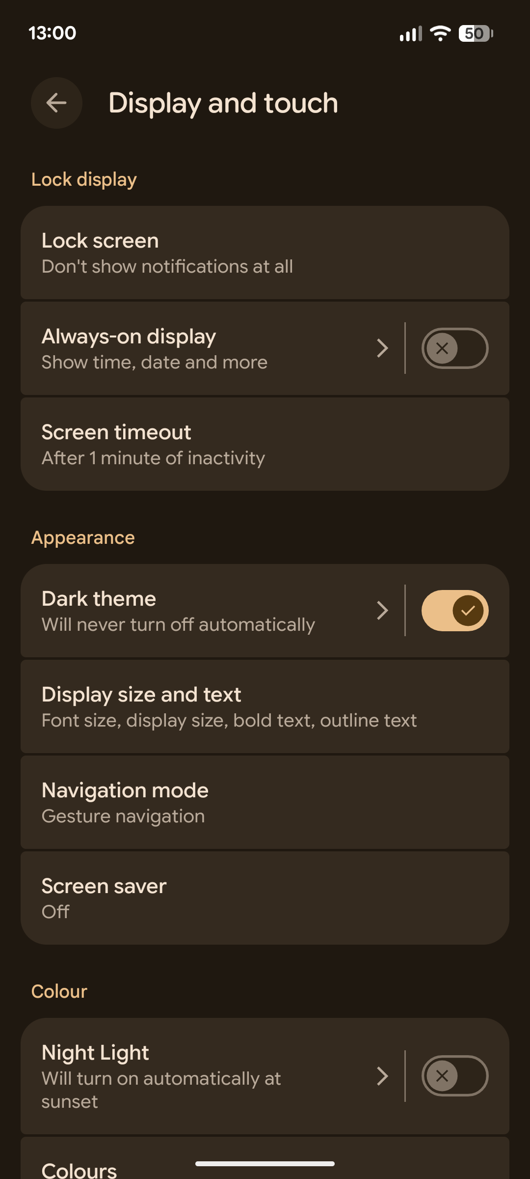 The Dark theme option in settings on Pixel.