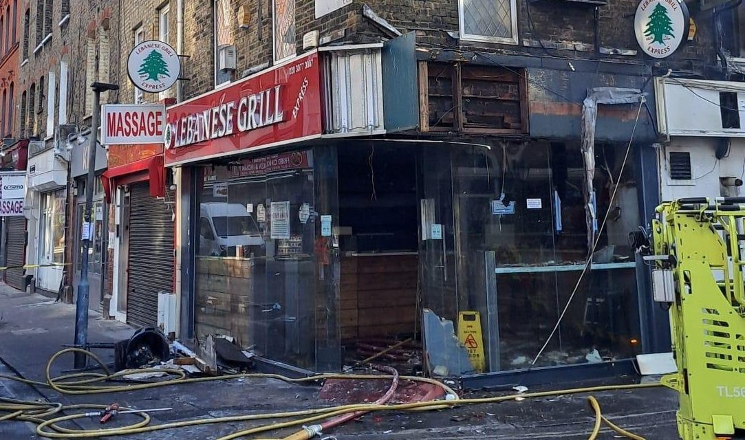 The aftermath of a fire at Lebanese Grill Express in Clerkenwell, Central London. // A controversial 'TikTok famous' takeaway which is known for litter and fights has been destroyed by a devastating fire. Lebanese Grill Express in Clerkenwell, Central London, was engulfed in flames in the early hours of Thursday morning (July 16). The takeaway spot which amassed thousands of views online for its shawarma had only been open for one day following a court ordered closure when the fire struck. The blaze destroyed the shop, a loft extension, and the roof of the building as well as damaging part of the first and second floors. Photo released 21/07/2026