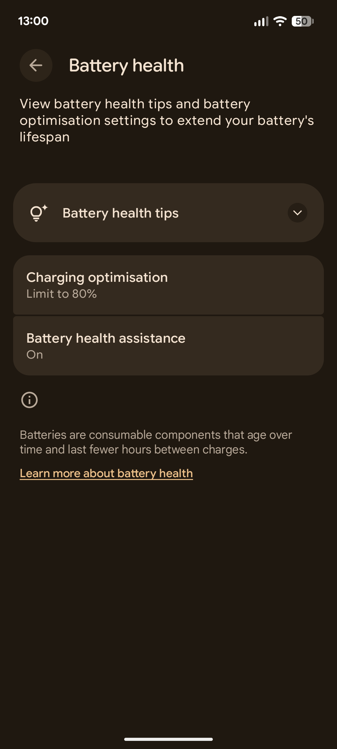 The Battery Health options on Pixel.