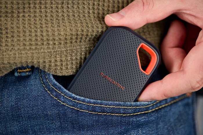 Person putting a Sandisk product in a pocket.
