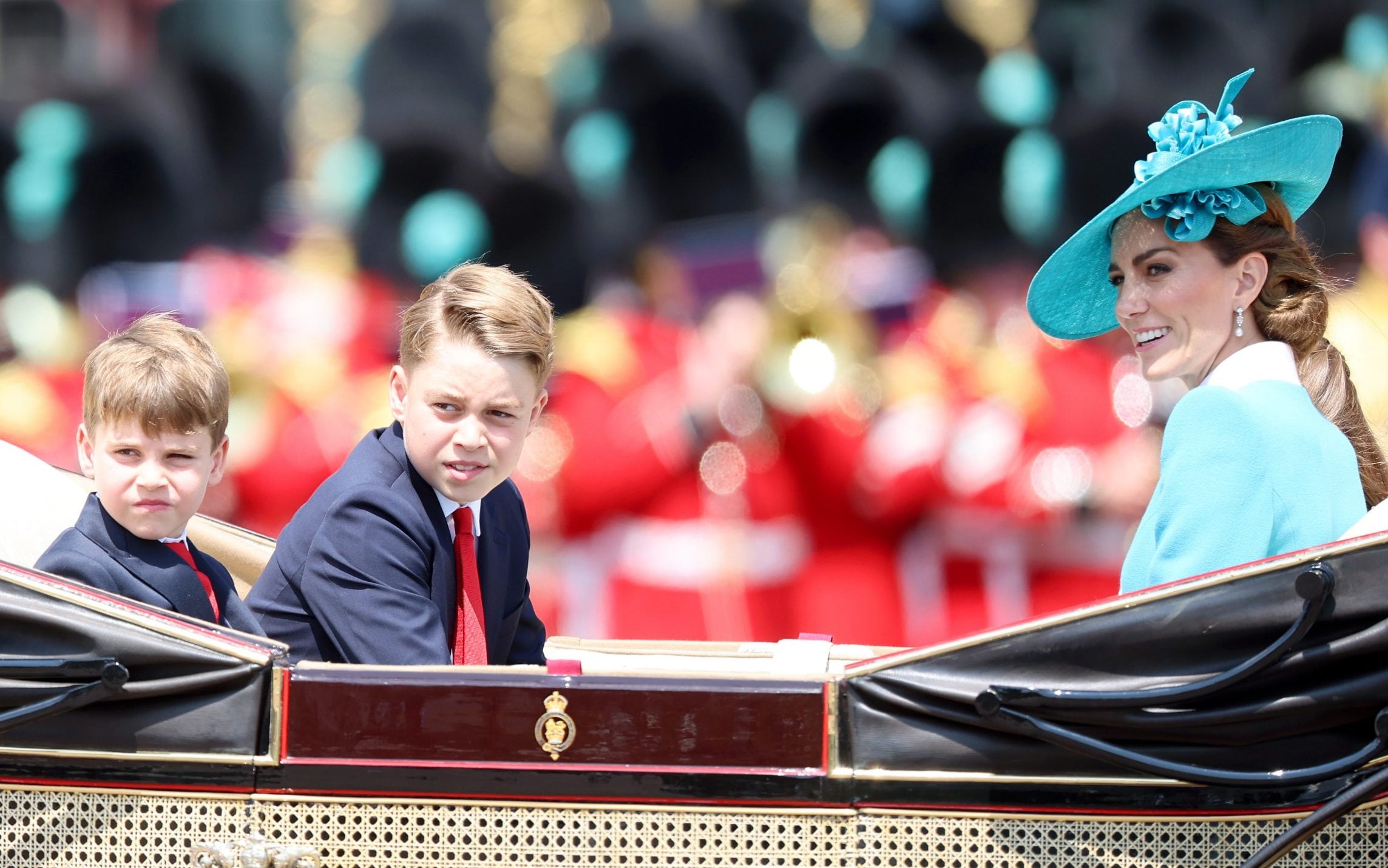 Prince Louis, Prince George, and the Princess of Wales in a carriage during Trooping the Colour on June 14 2025