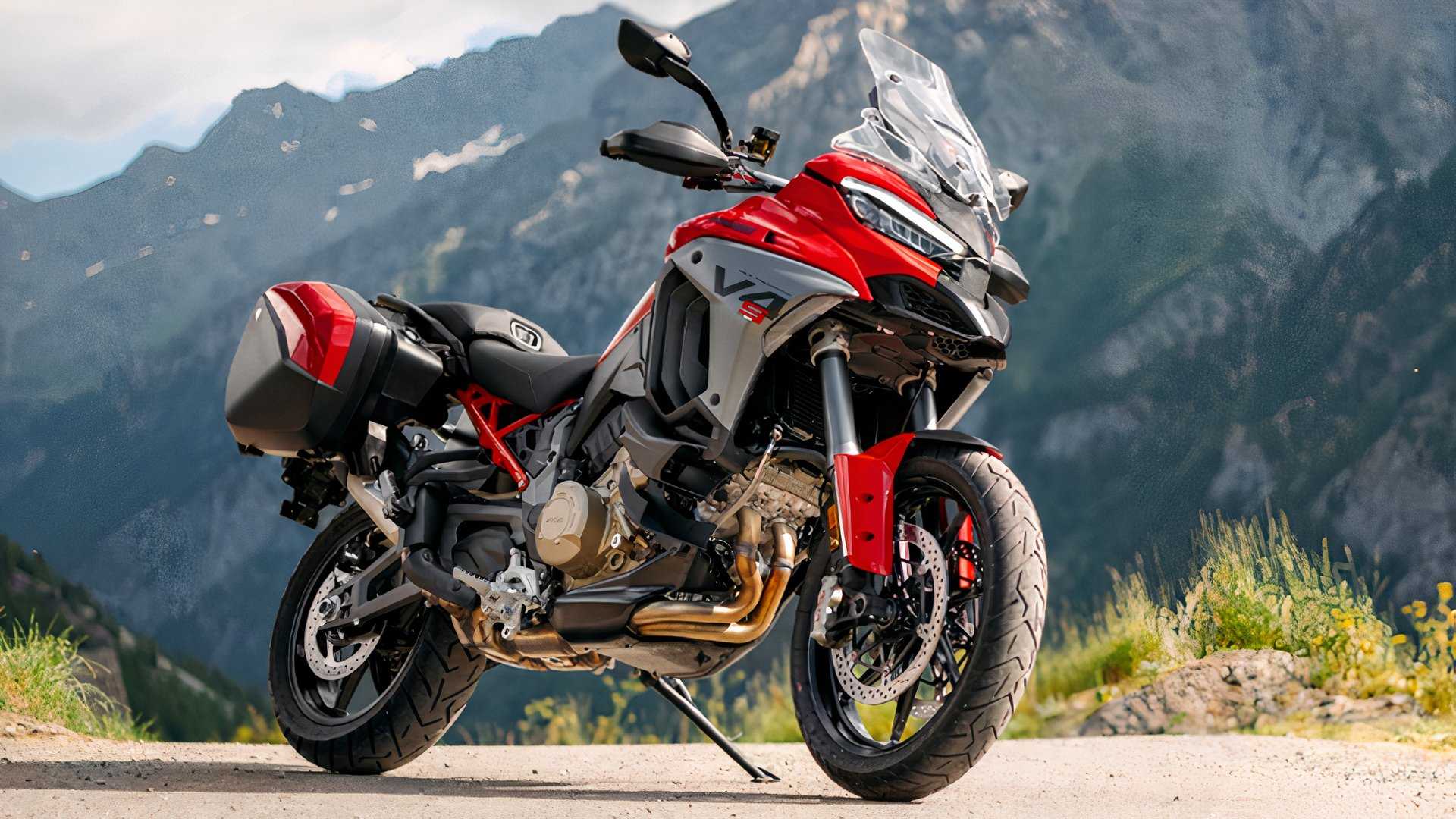 Beauty shot of a Ducati Multistrada V4 S with mountains in the background
