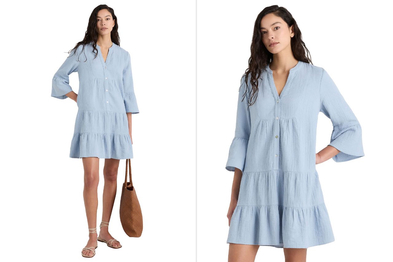 100% Organic Cotton Gauze Long Sleeve Tiered Mini DressQ
