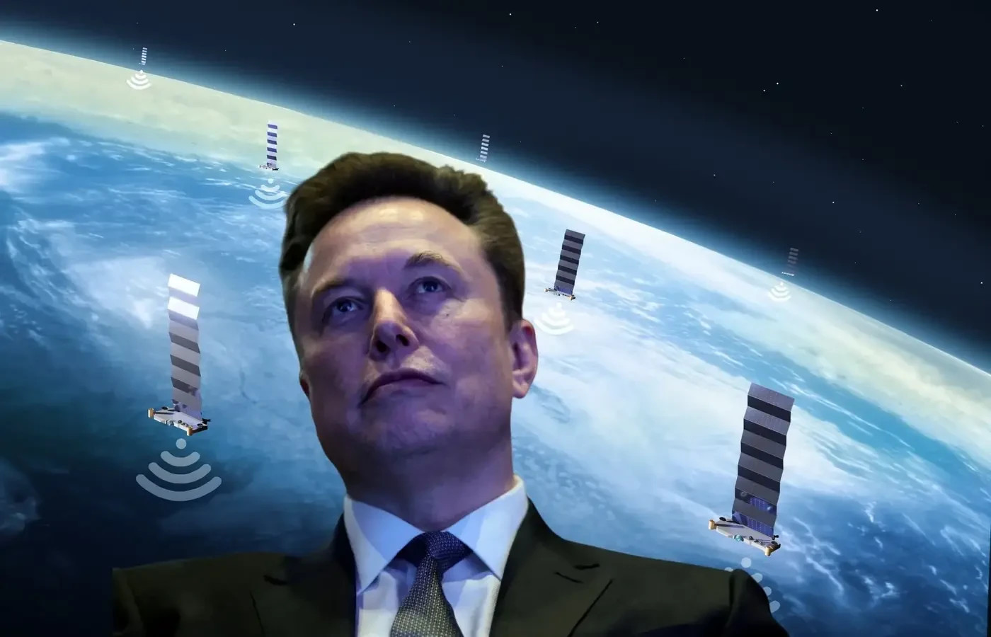 Elon Musk and Starlink satellites (credit: EVELYN HOCKSTEIN/SpaceX, image processing)