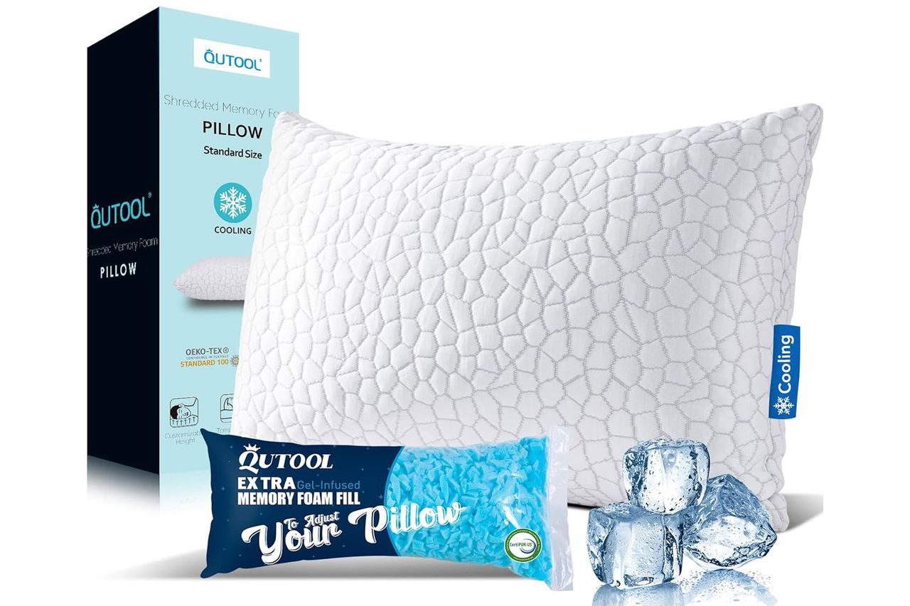 QUTOOL Cooling Bed Pillows for Sleeping Shredded Memory Foam Pillows - Gel Pillow Adjustable Pillows for Side Stomach&Back Sleepers Washable Removable Cover Standard Size (Pack of 1)