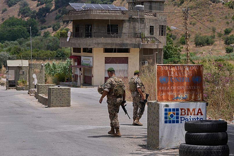 Lebanese army soldiers stand at a checkpoint in Froun village, southern Lebanon, Thursday, July 16, 2026