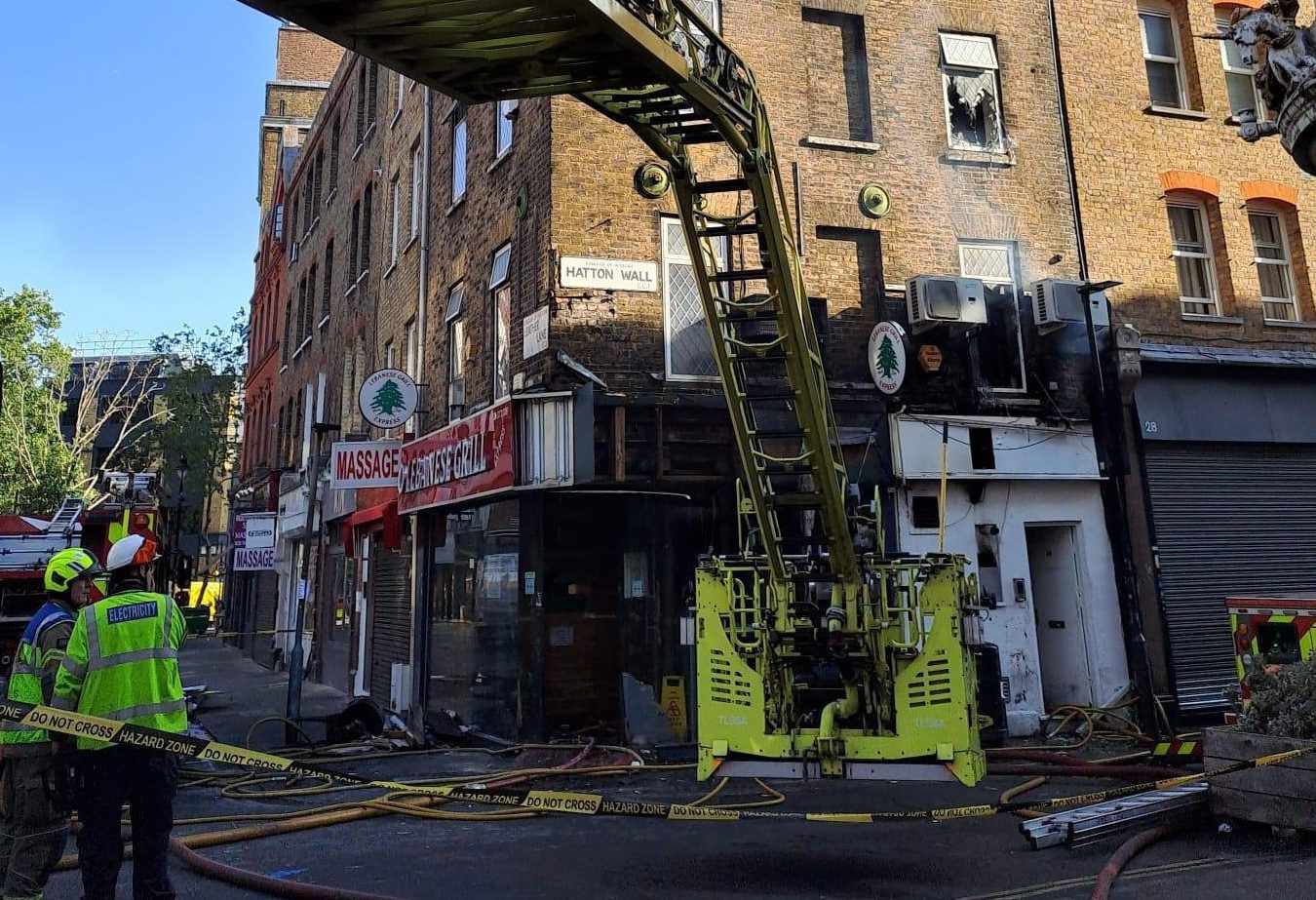 The aftermath of a fire at Lebanese Grill Express in Clerkenwell, Central London. // A controversial 'TikTok famous' takeaway which is known for litter and fights has been destroyed by a devastating fire. Lebanese Grill Express in Clerkenwell, Central London, was engulfed in flames in the early hours of Thursday morning (July 16). The takeaway spot which amassed thousands of views online for its shawarma had only been open for one day following a court ordered closure when the fire struck. The blaze destroyed the shop, a loft extension, and the roof of the building as well as damaging part of the first and second floors. Photo released 21/07/2026