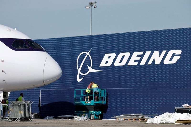 FILE PHOTO: A Boeing logo at the Paris Airshow at Le Bourget Airport, France