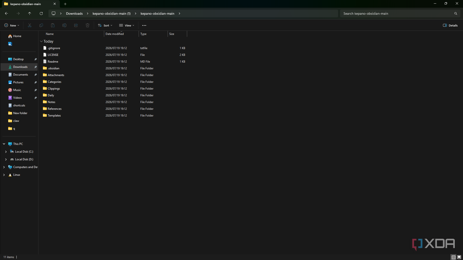 kepano obsidian vault folder in file explorer