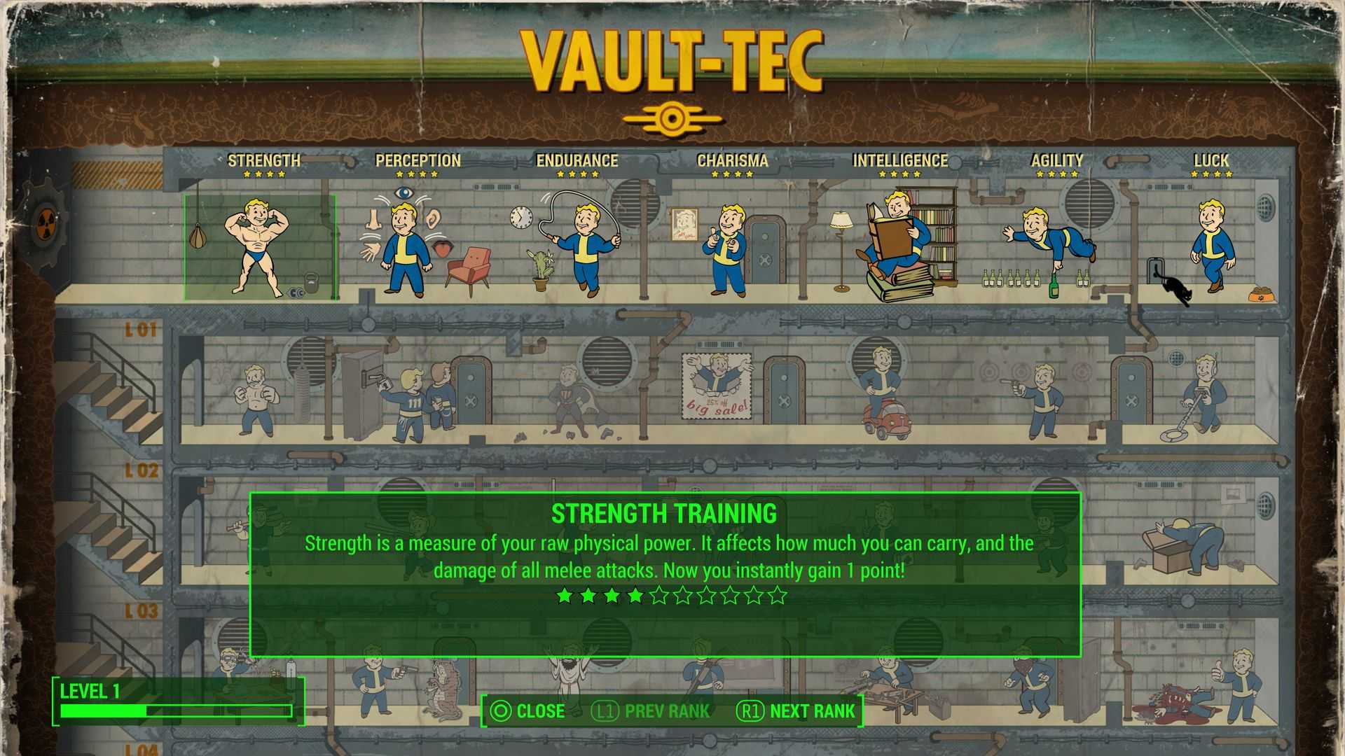 A look at the Fallout 4 character customization menu, with perks selectable on a grid