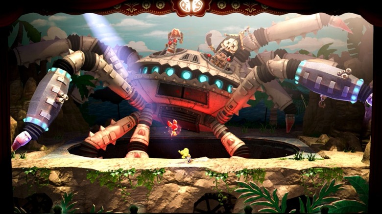 Kutaro fighting a robot in "Puppeteer"