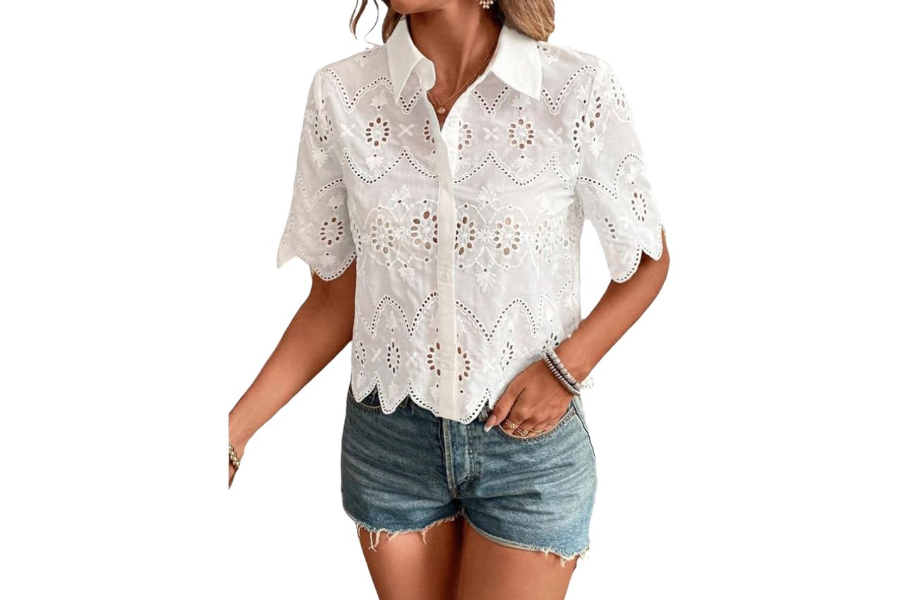 SweatyRocks Women's Short Sleeve Button Down Collared Blouses Embroidery Eyelet Top White Small at Amazon Women’s Clothing store