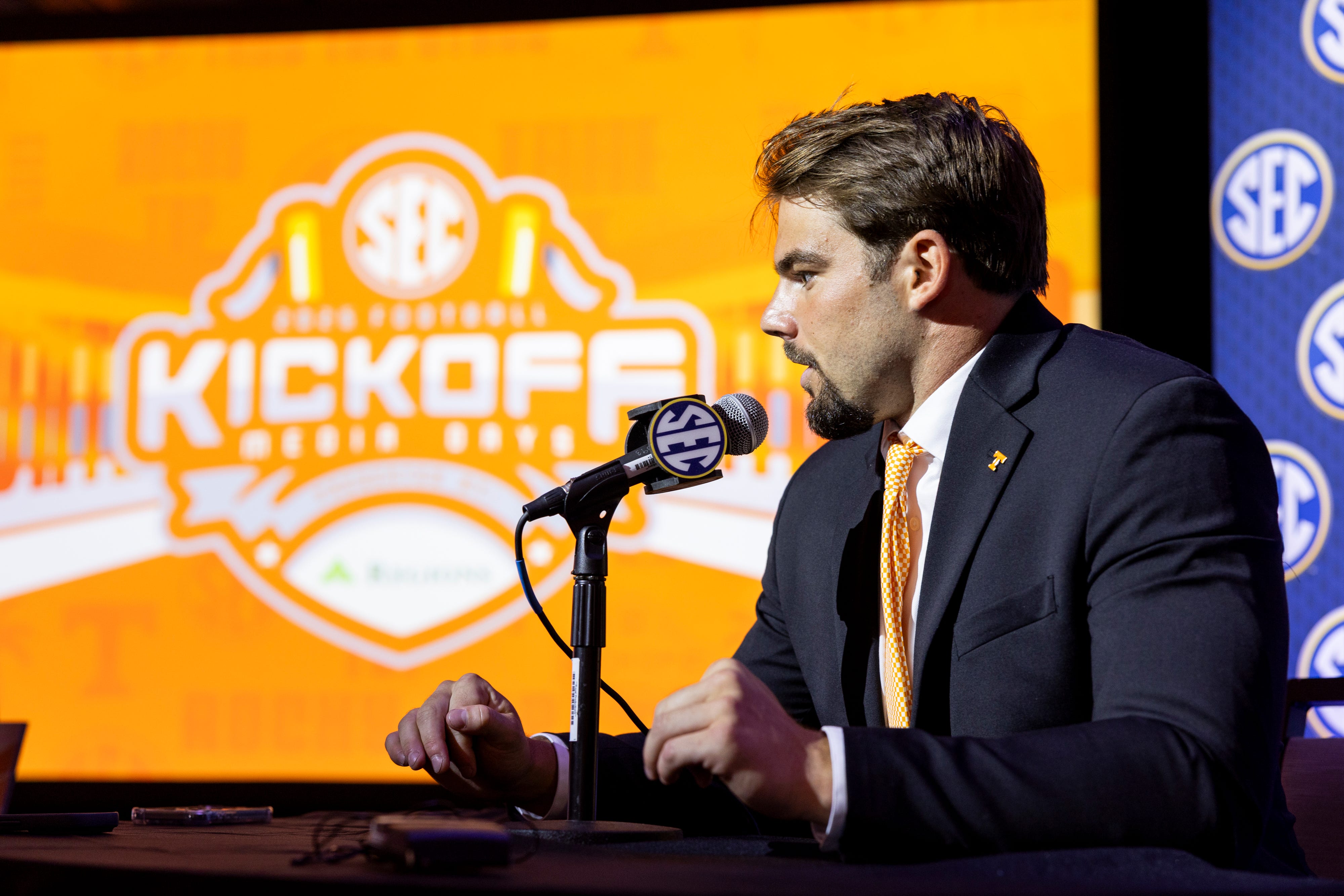 Linebacker Jeremiah Telander #22 of the Tennessee Volunteers speaks at SEC Football Media Day at Tampa Marriott Water Street on July 20, 2026 in Tampa, Florida.