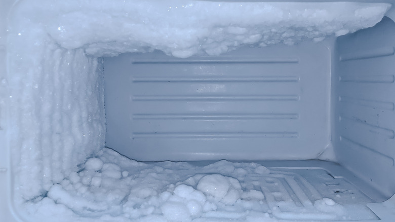 An empty kitchen freezer is encased in ice.