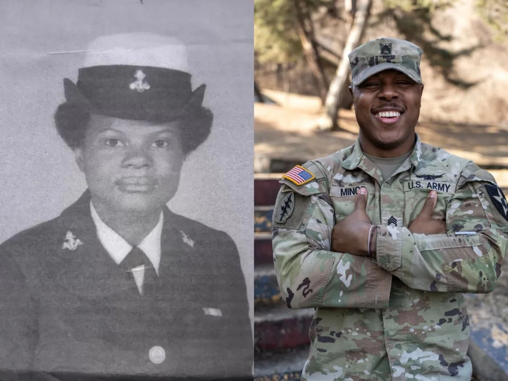 Side-by-side portraits show Laura serving in the U.S. Navy and her son Emanuel wearing his U.S. Army uniform.