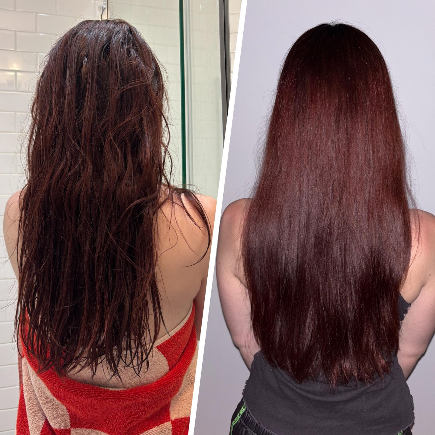 Associate market editor Audrey Ekman's hair before and after applying the Olaplex Rich Hydration Mask and air drying. (Courtesy Audrey Ekman)