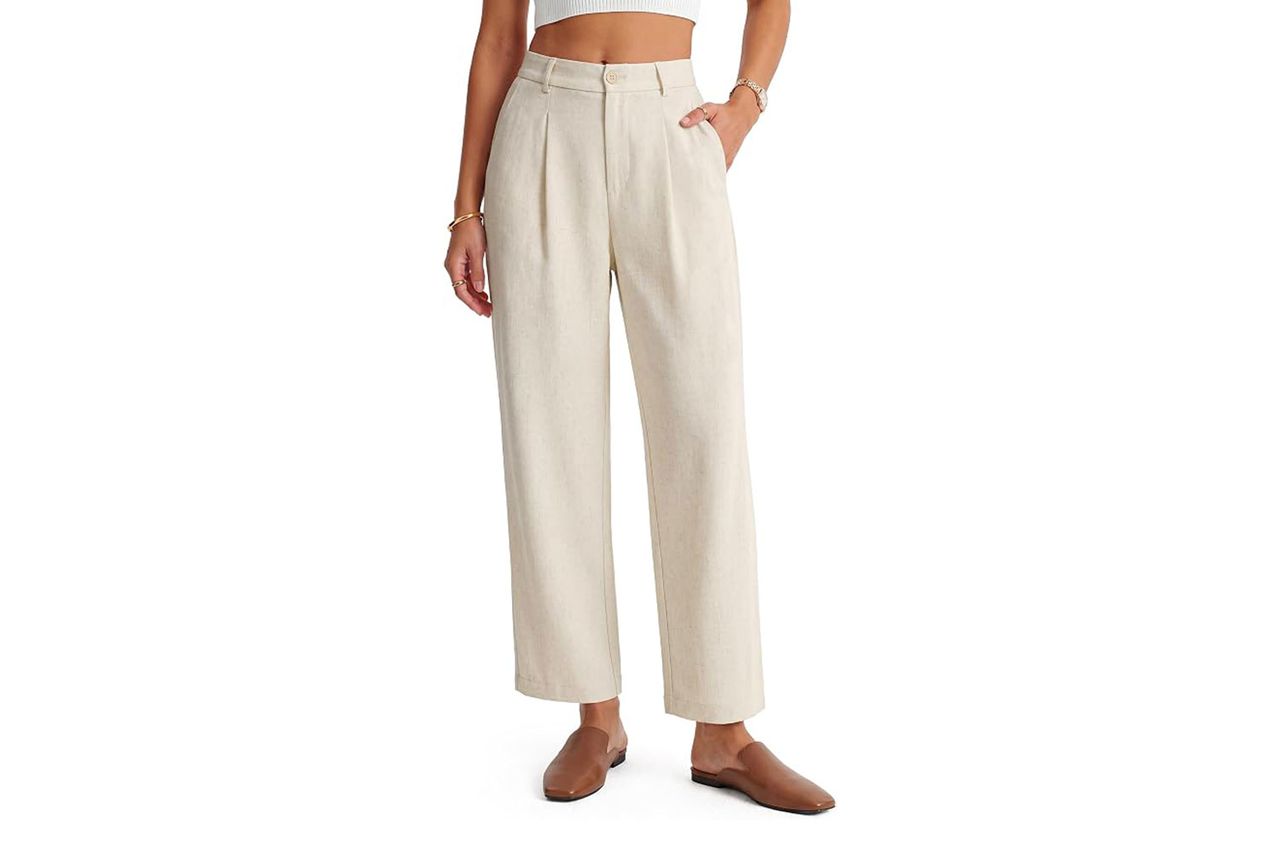 Arach&Cloz Women's Linen Blend Straight Ankle Pants Business Casual Outfits Dressy Trousers Summer
