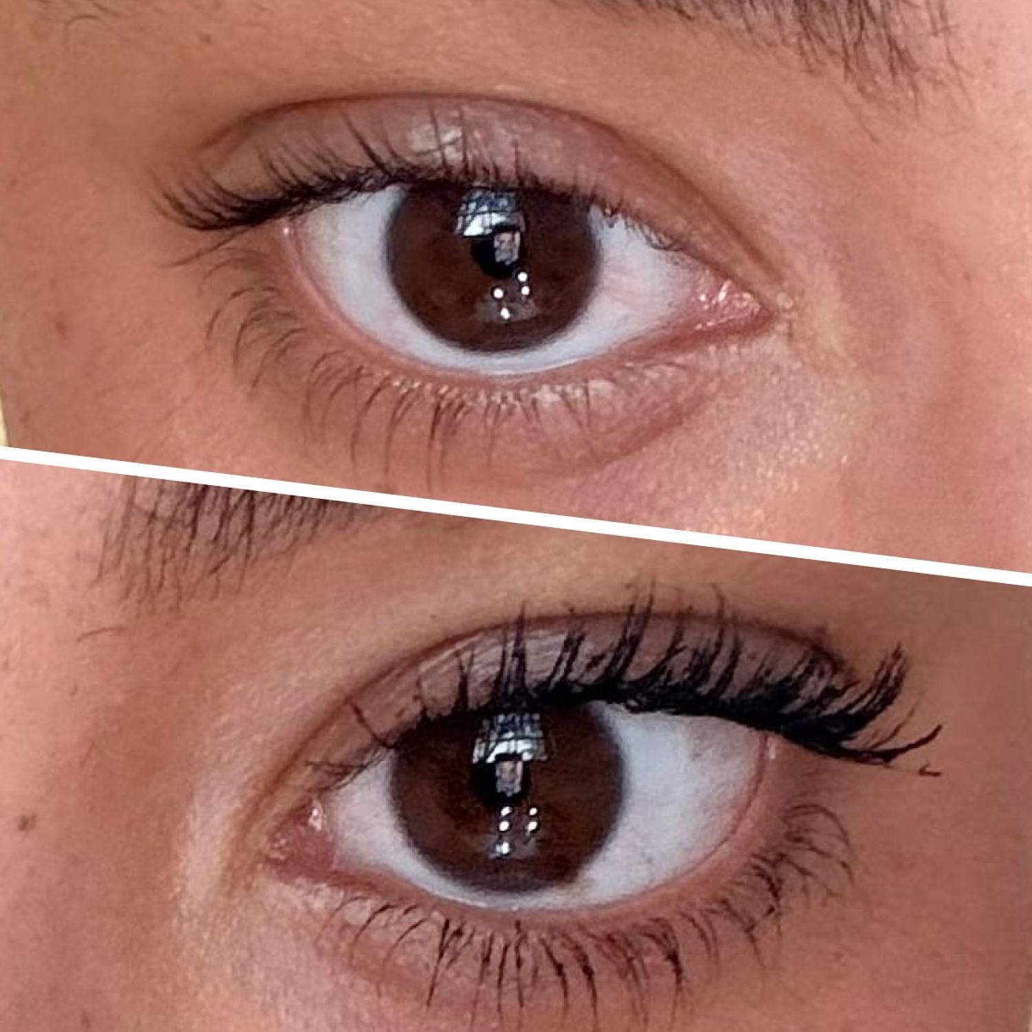 Special projects associate Jordan Murray before and after applying the Maybelline Lash Sensational Sky Tubes Tubing Mascara. (Courtesy Jordan Murray)
