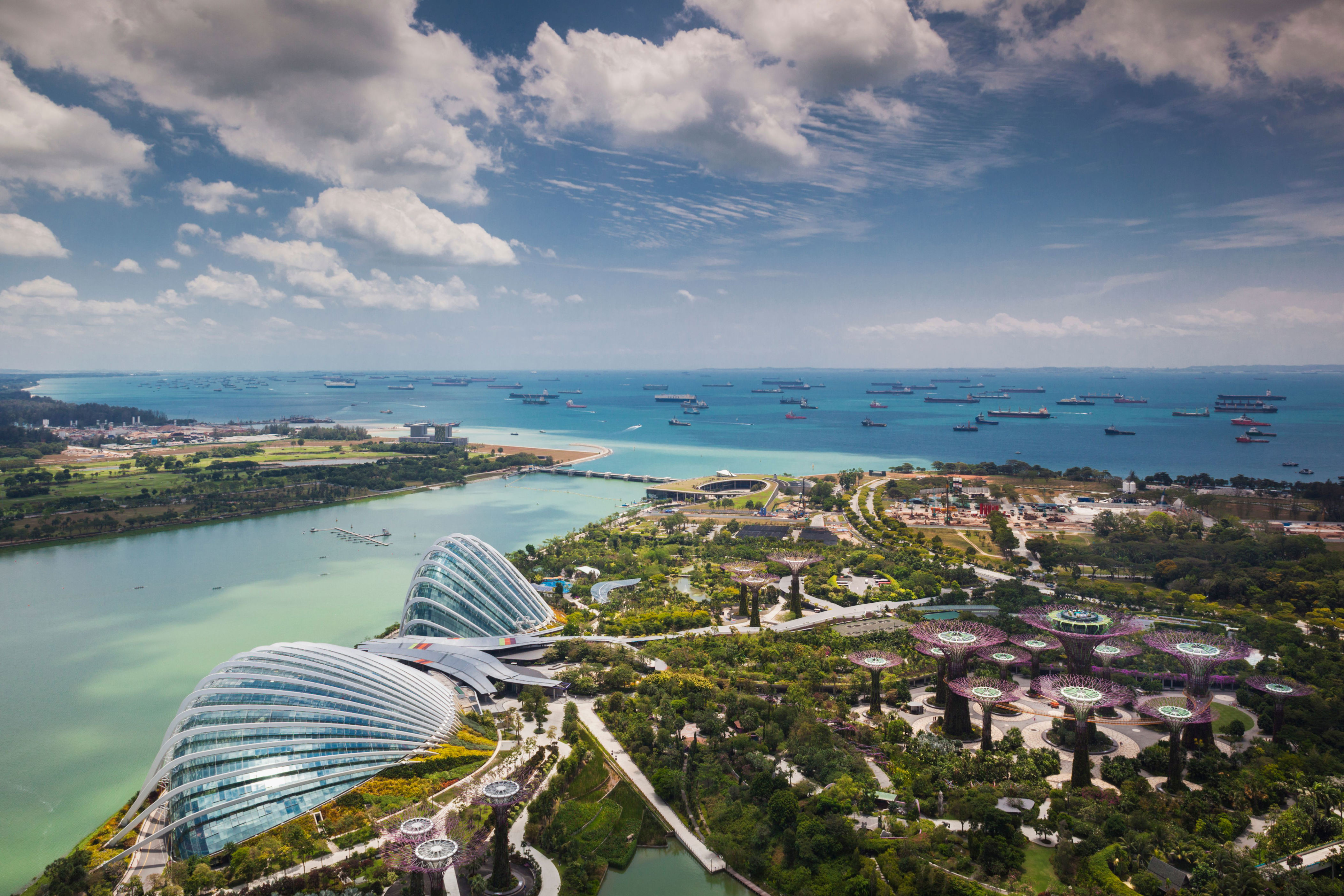 Singapore, elevated view of the Gardens By The Bay with the Indoor Botanical Gardens of Cloud Forest and Flower Dome, late afternoon