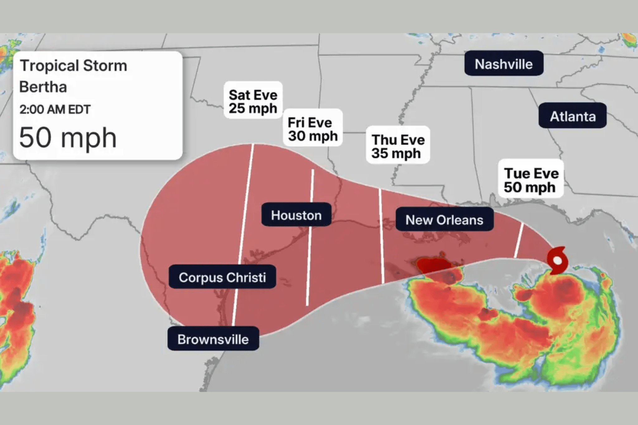 Map showing the path of Tropical Storm Bertha, as of Tuesday, July 21