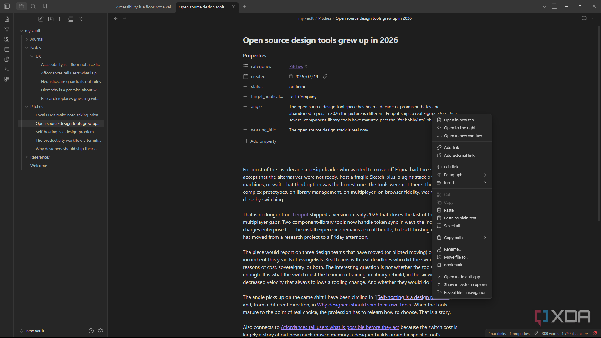 open source design tools pitch with context menu in Obsidian