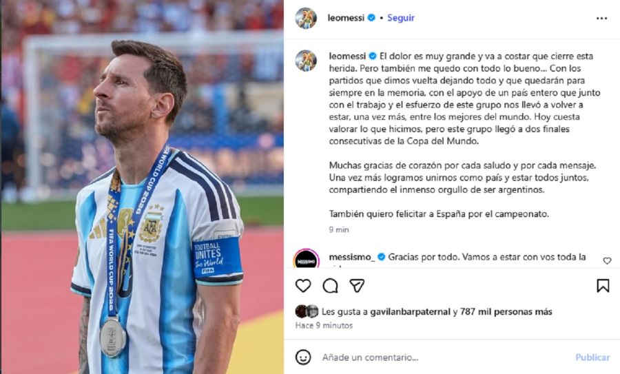 Mensaje de Lionel Messi en Instagram tras la final con España.