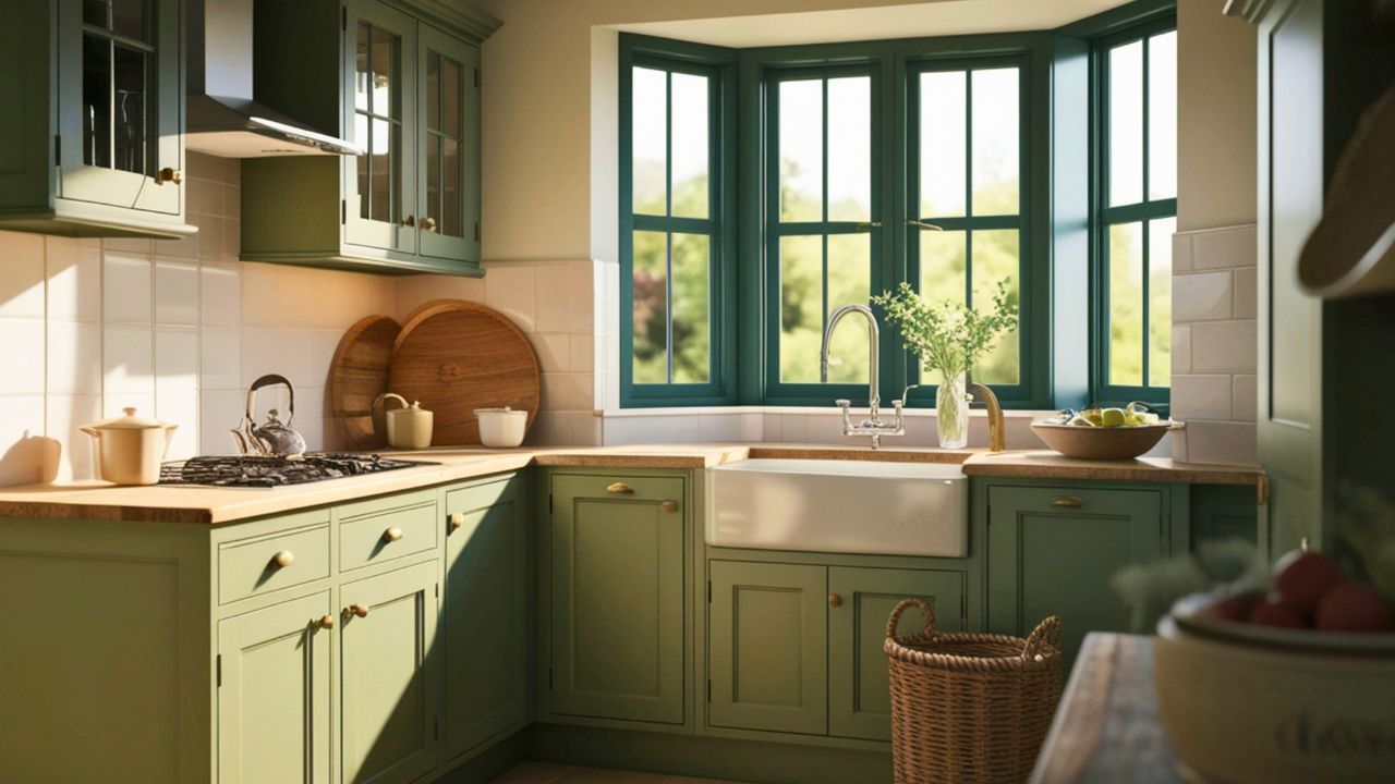 A sunlit farmhouse kitchen with green cabinets, a white sink, and wooden countertops.