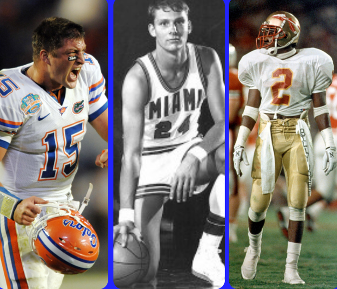 Left to right: Tim Tebow (Florida), Rick Barry (Miami) and Deion Sanders (Florida State)