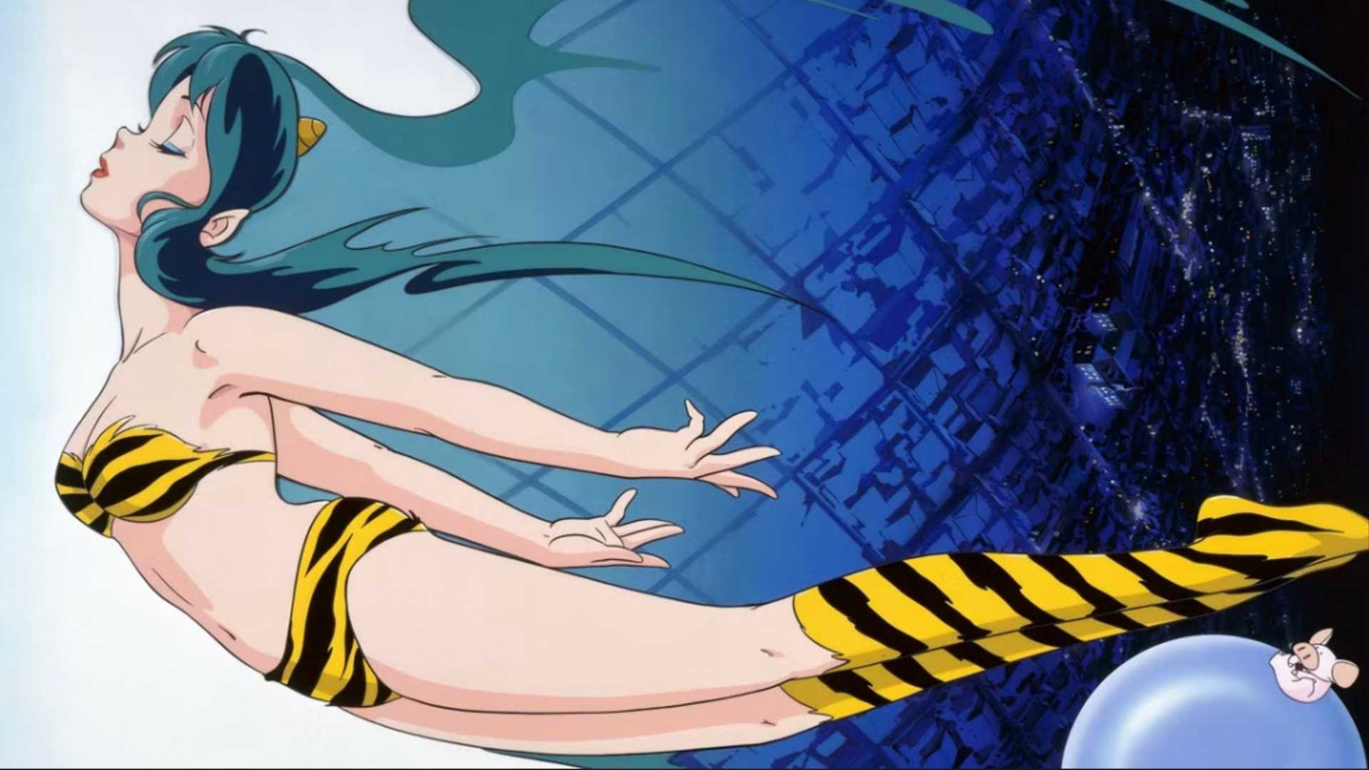 Lum dives through the air and changes space behind her in Urusei Yatsura 2: Beautiful Dreamer.