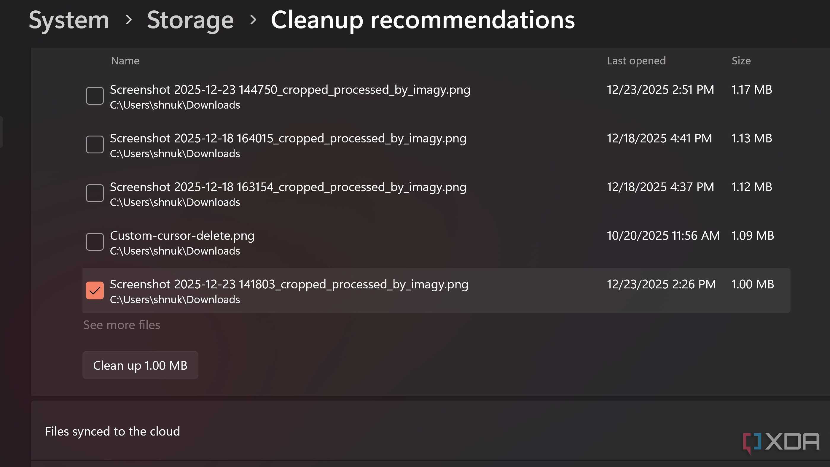 Windows cleanup recommendations with selected files