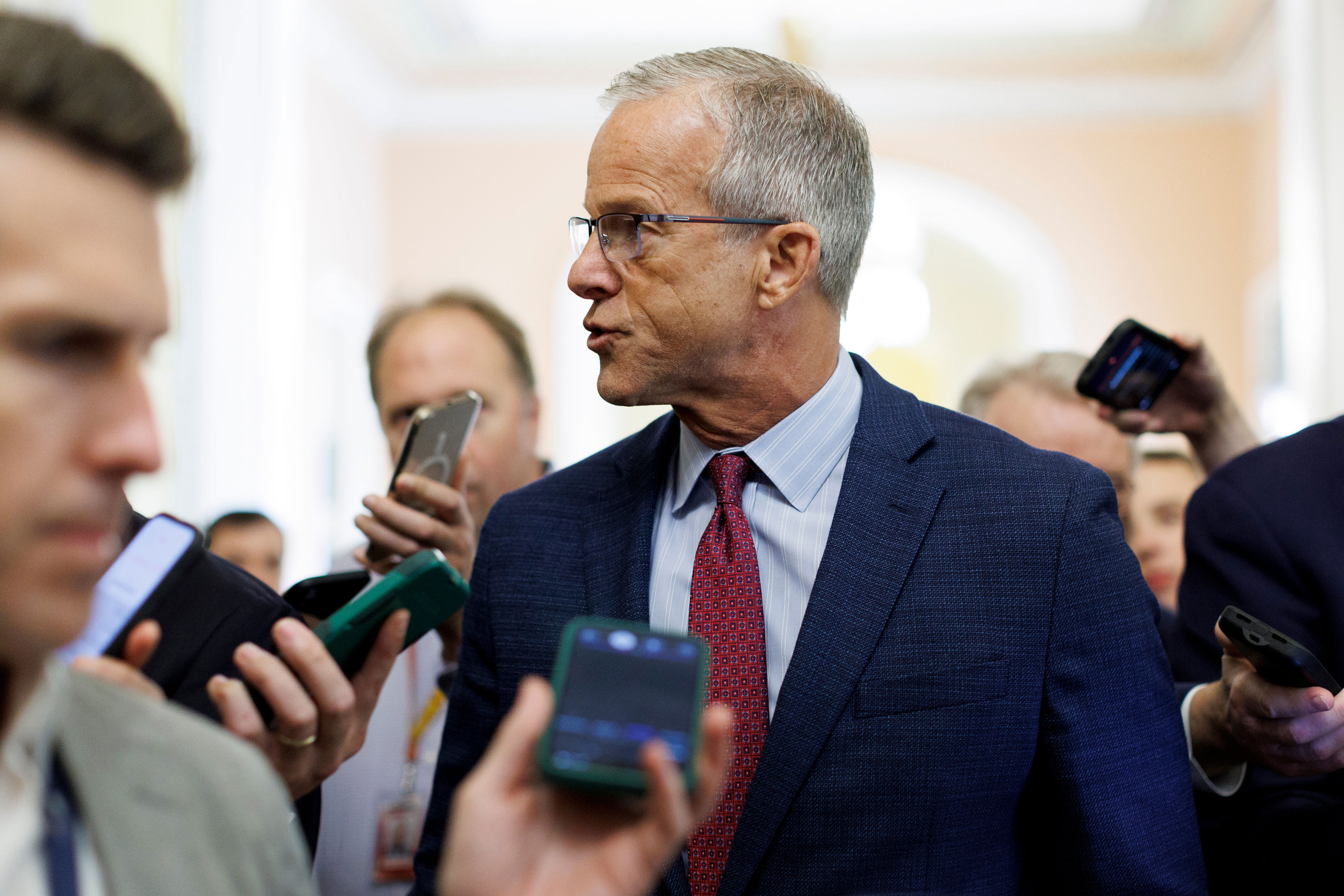 Senate Majority Leader John Thune, (R-S.D.) speaks to reporters before entering the Senate Chamber at the U.S. Capitol on July 20, 2026 (Getty)