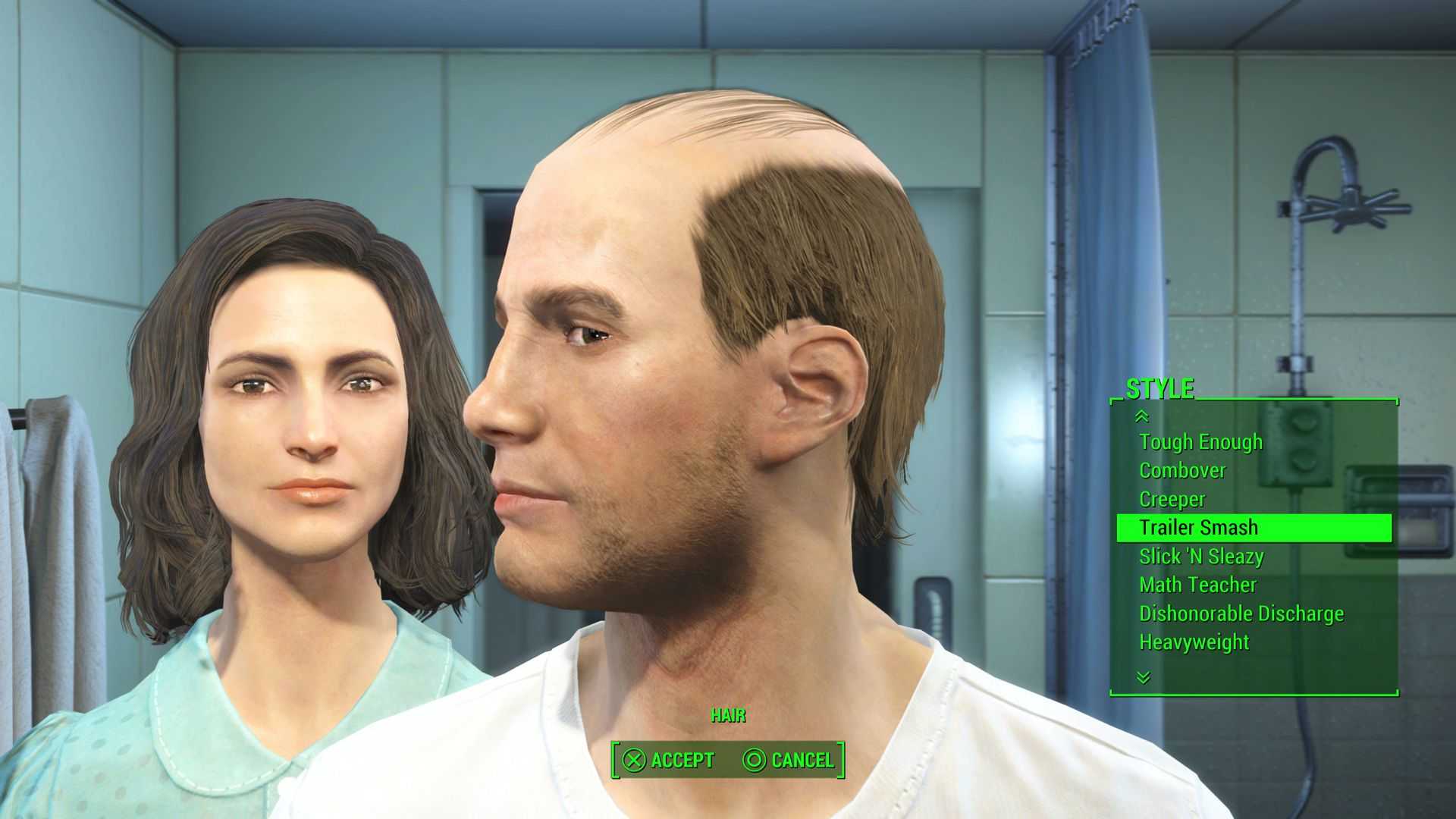 The Fallout 4 male protagonist viewed in profile as his spouse stands behind him