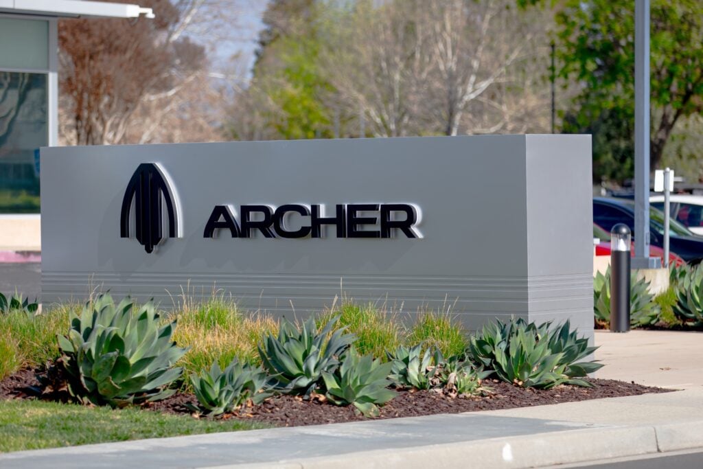 Archer brand sign at its headquarters corporate office building in Silicon Valley. Logo of Archer, aircraft manufacturer designing eVTOLs