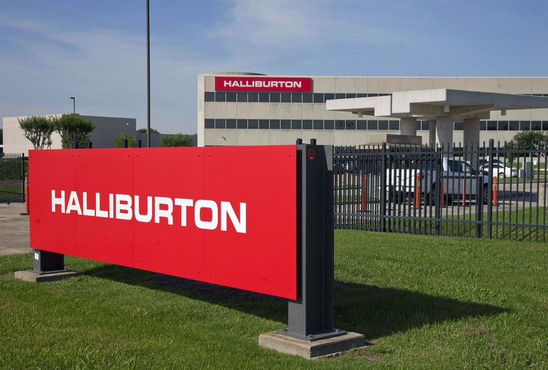 The company logo of Halliburton oilfield services corporate offices is seen in Houston