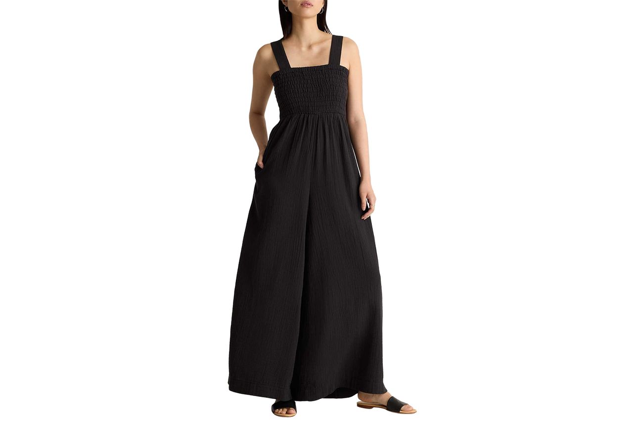 Organic Cotton Gauze Smocked Wide Leg Jumpsuit Black