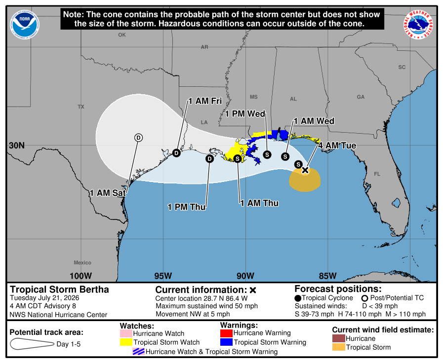 Tropical Storm Bertha takes aim on Gulf Coast