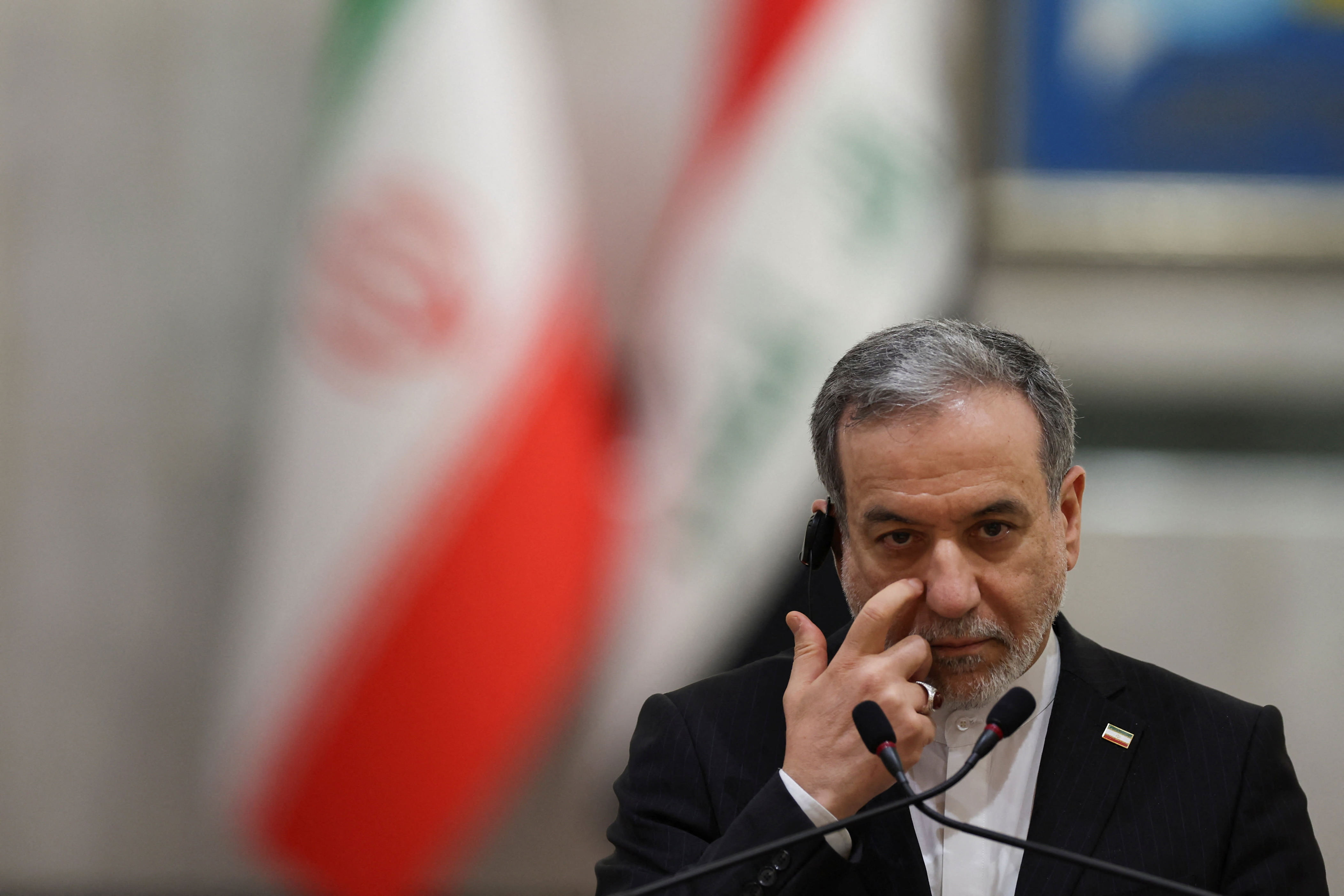 Iranian Foreign Minister Abbas Araqchi attends a press conference alongside Iraqi Foreign Minister Fuad Hussein (not pictured), in Baghdad, Iraq, June 28, 2026.